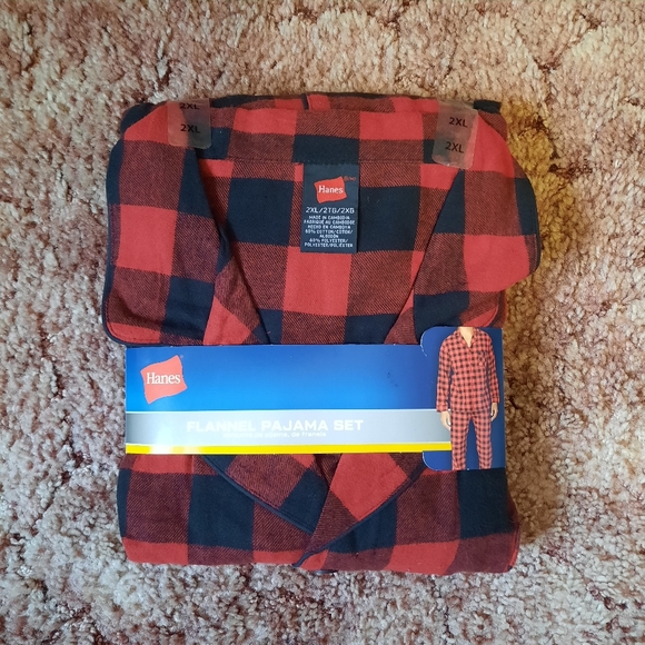 NWT Hanes Flannel Pajama Set Red Black Buffalo Check Cotton Blend Size 2XL - Picture 2 of 8